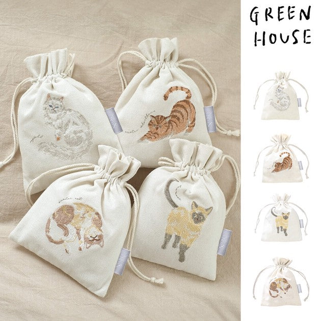 日本	Green House ito& 貓咪 刺繡 帆布 化妝包 小物收納 束口袋