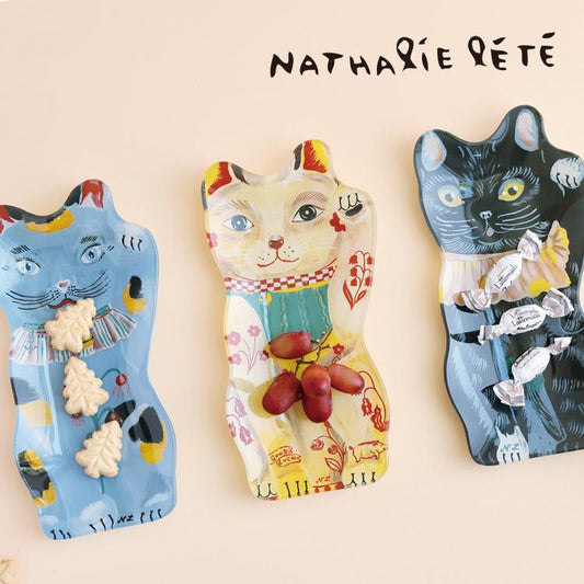法國插畫家 Nathalie Lethe  招財貓 玻璃盤 點心盤